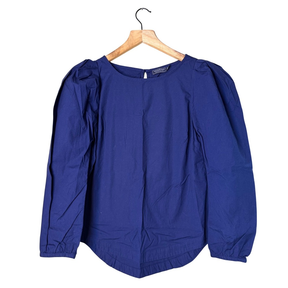 Vineyard Vines Navy Blue Puff Sleeve Poplin Blouse XXS Crew Neck‎ Keyhole Back